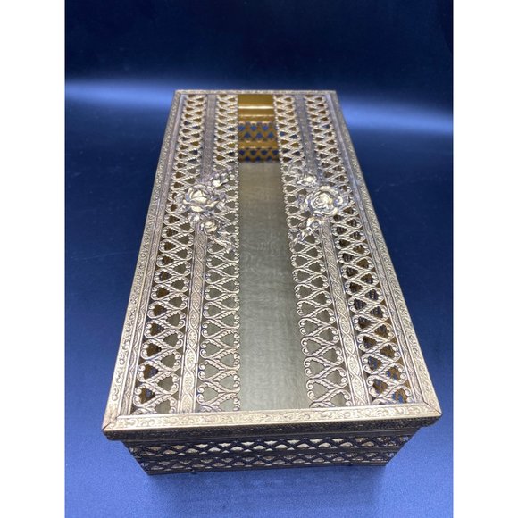 Vintage Gold Filigree Rose Tissue Box Cover Silver MCM Hollywood Regency - Picture 8 of 14